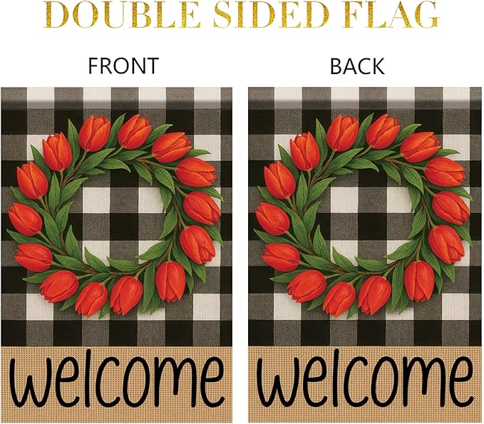 Buffalo Plaid Welcome Wreath Garden Flag 12x 18 Inch Double Sided Tulip Flower Flag Spring Outdoor Fall Autumn Farmhouse Outdoor Small Decor for Porch Lawn Patio Yard