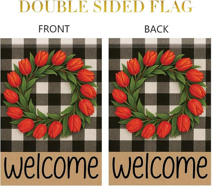 Buffalo Plaid Welcome Wreath Garden Flag 12x 18 Inch Double Sided Tulip Flower Flag Spring Outdoor Fall Autumn Farmhouse Outdoor Small Decor for Porch Lawn Patio Yard