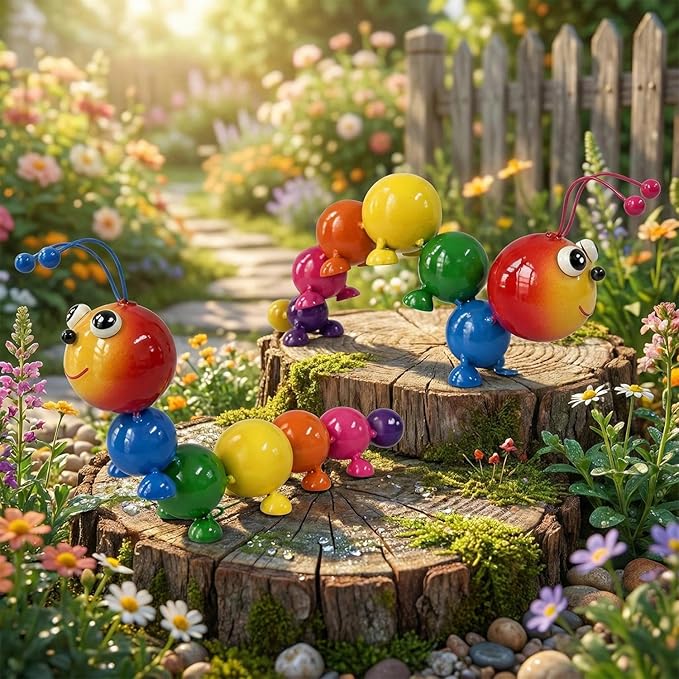 Metal Caterpillar Statue Indoor Outdoor Vivid Yard Art Garden Decor for Outside Patio Lawn Ornaments Fence Decorations Gift for Family Friends Garden Lovers 2 Pack(Color & Curved)