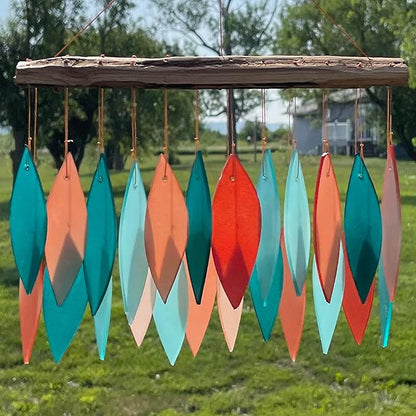 Blue Handworks Coral and Teal Glass & Driftwood Chime, Sandblasted Glass and Found Wood Handcrafted Wind Chime