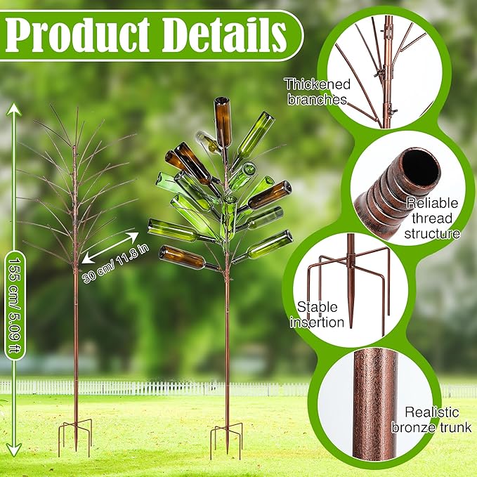 Meonum Solar Light Bottle Tree, 61" Metal Garden Sculpture for Yard & Patio Decor, Colorful Outdoor Wine Holder for Garden & Lawn Decoration, Holds 24 Glass Containers(Bronze)