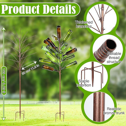 Meonum Solar Light Bottle Tree, 61" Metal Garden Sculpture for Yard & Patio Decor, Colorful Outdoor Wine Holder for Garden & Lawn Decoration, Holds 24 Glass Containers(Bronze)