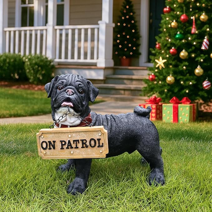 Black Pug Front-Door Greeter with Solar Lantern & Double-Sided Sign, Standing Pug Yard Statue for Planters, Walkways & Porch Seating
