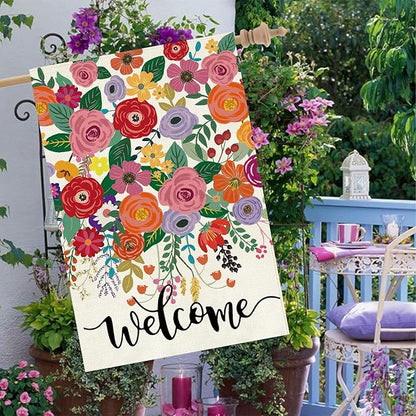 Baccessor Spring Summer Welcome House Flag Double Sided 28x40 Inch Burlap,Floral Flowers Large Garden Flag Porch Patio Front Entry Yard Seasonal Farmhouse Outside Outdoor Decor