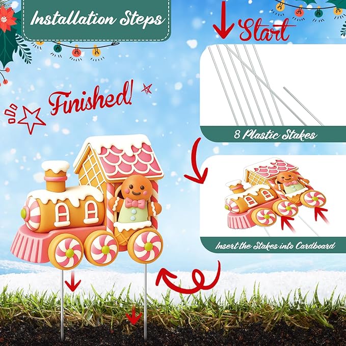 Marsui 4 Pcs Christmas Train Decoration Yard Sign with 4 LED Light Lawn Sign Christmas Pink Gingerbread Candy Gift Box Train Set with 8 Stake for Xmas Garden Outdoor Holiday Party Decor