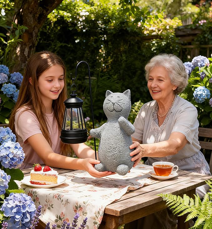 Solar Cat Garden Decor Outdoor Statues, Yard Art Lawn Ornaments, Outside Figurines Decorations for Home Patio Porch Balcony, Housewarming Gifts for Cat Lover (One Pack)