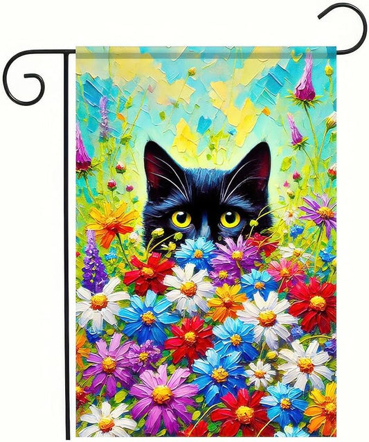 BlissYard Spring Black Cat Garden Flag 12×18 Inch Double Sided Small Black Cat Flower Floral Garden Yard Flags for Spring Summer Outside Outdoor House Decoration Banner