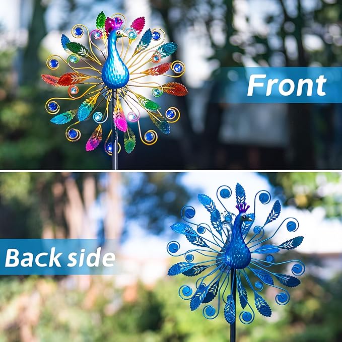 65 Inch Colorful Peacock Wind Spinner Outdoor, Two-Sided Windmill for Yard with Vibrant Front & Solid Blue Back, Large Metal Garden Wind Spinners and Statement Outdoor Garden Decor