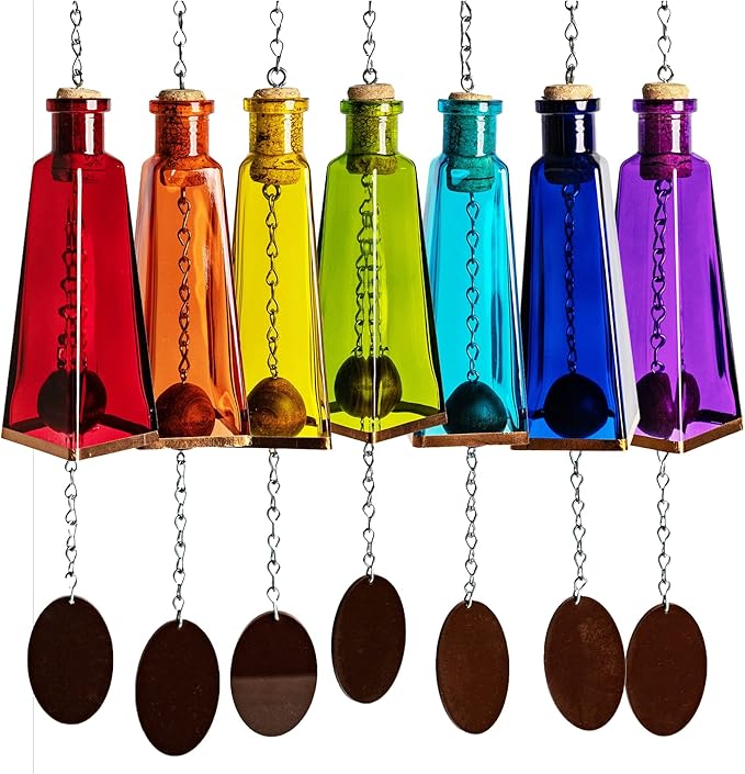 Blue Ridge Mountain Gifts Pyramid Bottle Wind Chime for Garden & Porch Decor w/Cooper Accent, Stained Wooden Ball, & Colorful Glass Bottles - Ideal for Wind Chime Lovers (Set of 10)