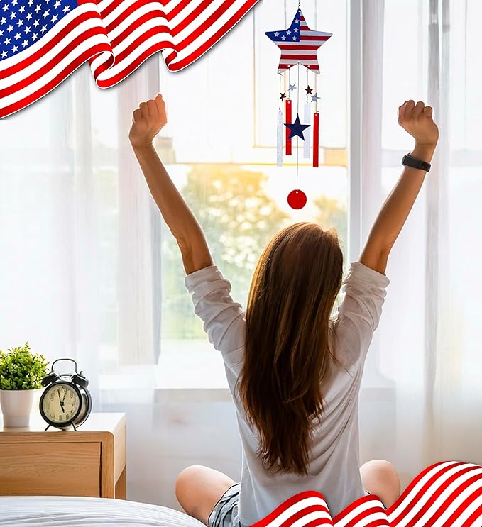 CoTa Global USA Flag Star Wind Chime - American Flag Patriotic Indoor or Outdoor Windchime Home Decor with Hanging Bells, Handcrafted Glass and Metal Wind Chimes for Yard, Garden, Porch - 28.7 Inches