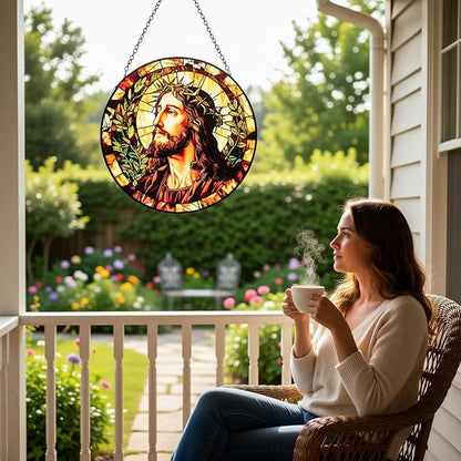 Stained Glass Window Hanging - Jesus Suncatcher, Sun Catchers Decor for Window Hanging, Christian Gifts for Women Men Mom Wife Religious Faith Home Decor 7.8in