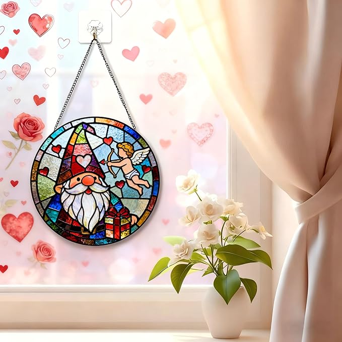 Funoasis Stained Glass Window Hanging Suncatcher - 6.3 Inches Cupid's Arrow of Love and Gnome Ornaments Sun Catcher Home Decor Valentine's Day Gift
