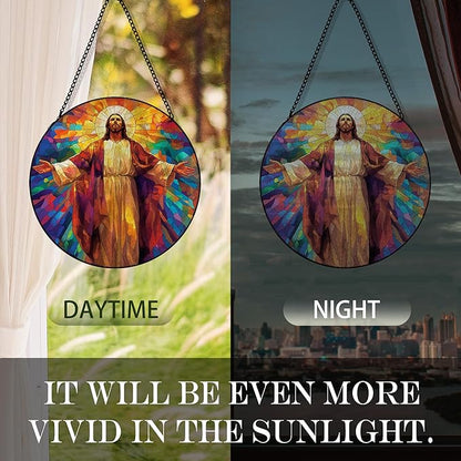 Jesus Christian Suncatcher Stained Glass Window Hanging, Jesus Religious Sun Catchers Indoor Window Glass Round Wall Decor, Christian Wall Art Hanging Decorations, 7.8＂x7.8＂