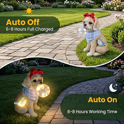 Solar Garden Dog Statue, Detachable Ground Stake, Light Brown Resin Labrador Puppy with LED Bubble and Bird, Waterproof Yard Decor for Patio, Lawn, Porch, Pathway, and Gift Giving
