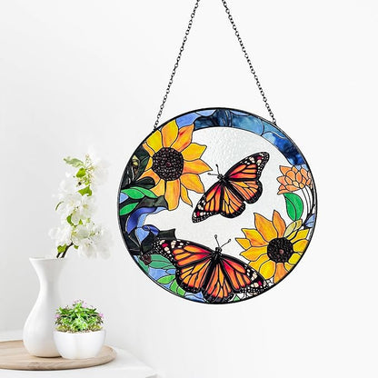 Large Monarch Butterflies and Sunflowers Stained Glass Suncatcher, Handmade Window Hanging Wall Art with Chain, Real Glass Indoor Home Decor, Unique Sun Catcher Gift for Women, Christmas, 9.8”