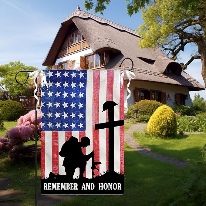 Memorial Day Garden Flags Veteran Soldier Patriotic Yard Flags American Flag Remember and Honor Cross Burlap Flag Independence Decorations for Outside 12 x 18 Double Sided