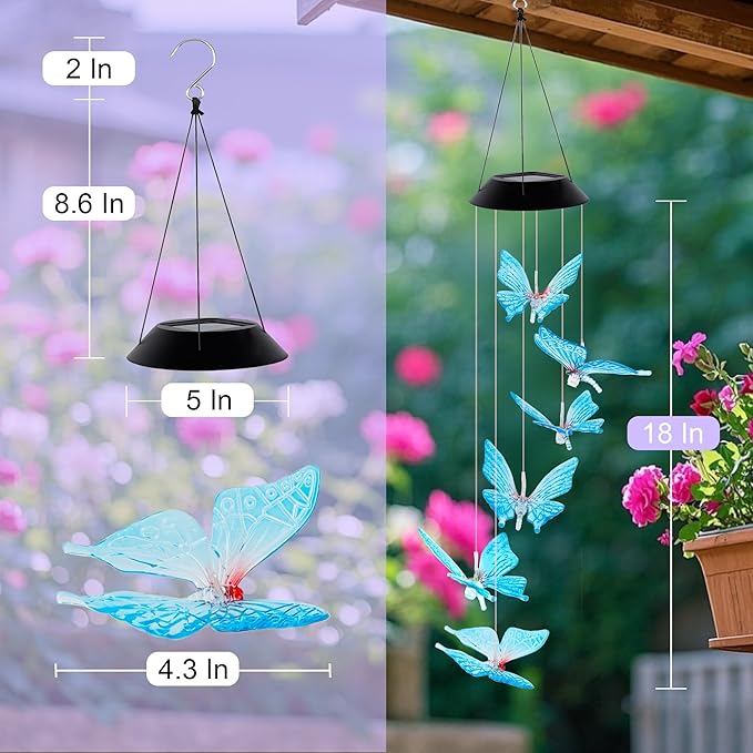 Solar Wind Chimes for Outside, Butterfly Wind Chimes, Color Changing LED Mobile Wind Chime, Solar Butterfly Lights for Outdoor Porch Deck Garden Patio Decor, Blue