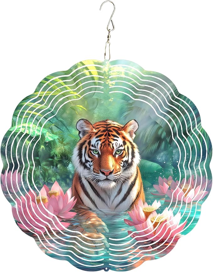 10x10 Inch Wind Spinner Outdoor Hanging Tiger Lotus Pond Metal Kinetic Spiral Ornament for Yard Garden Patio Porch Balcony Tree Window Decor Gift