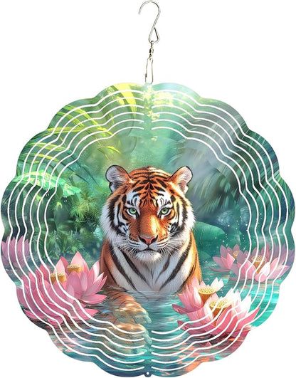 10x10 Inch Wind Spinner Outdoor Hanging Tiger Lotus Pond Metal Kinetic Spiral Ornament for Yard Garden Patio Porch Balcony Tree Window Decor Gift
