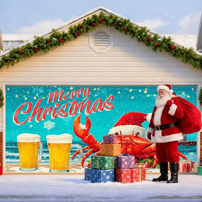 IVN Christmas Garage Door Banner 13x6 ft Merry Christmas Garage Door Cover Santa Crab Lighthouse Winter Coastal Home Door Front Yard Decor for Xmas Eve Holiday Outdoor