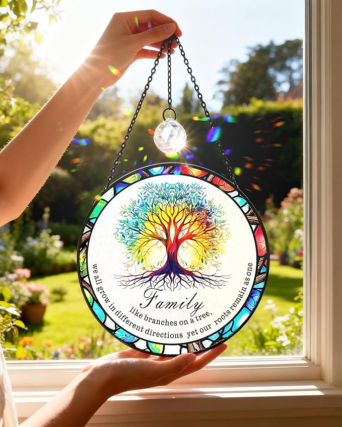 Tree of Life Stained Glass Window Hanging Family Tree Suncatcher for Door Home Decor Desk Decorations Gifts for Women (Glass-Family Branches, 7.8x7.8 in)