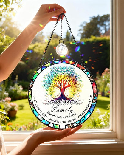 Tree of Life Stained Glass Window Hanging Family Tree Suncatcher for Door Home Decor Desk Decorations Gifts for Women (Glass-Family Branches, 7.8x7.8 in)
