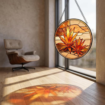 Stained Glass Window Hanging Golden Agave Suncatcher 8 Inch,Agave Plant Glass Art Desert Home Decor, Indoor Outdoor Wall Art, Birthday for Women Men