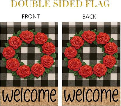 Buffalo Plaid Welcome Wreath Garden Flag Red Rose Flower Flag 12x 18 Inch Double Sided Spring Outdoor Fall Autumn Farmhouse Outdoor Small Decor for Porch Lawn Patio Yard