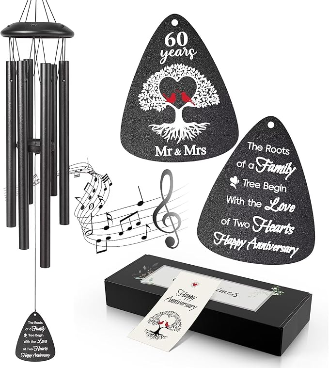60th Anniversary Wind Chimes Gifts for Men Women,Romantic 60 Year Anniversary for Couples, Wife, Husband, Parents, Friends, 60th Wedding Gifts Idea of Happy Anniversaries Decorations,Black