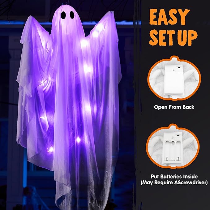 JOYIN 47” Halloween Hanging Light up Ghost Decoration Outdoor with Purple LED Light, 2 Pcs Halloween White Hanging Ghost for Haunted House Prop, Party Supplies, Front Yard Patio Garden Decor