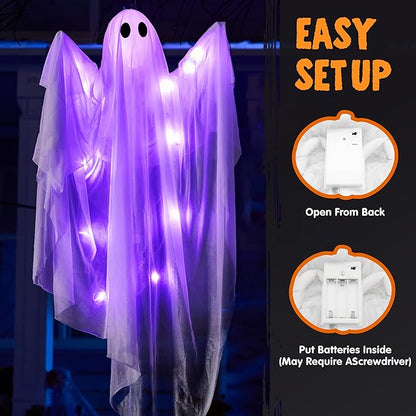JOYIN 47” Halloween Hanging Light up Ghost Decoration Outdoor with Purple LED Light, 2 Pcs Halloween White Hanging Ghost for Haunted House Prop, Party Supplies, Front Yard Patio Garden Decor