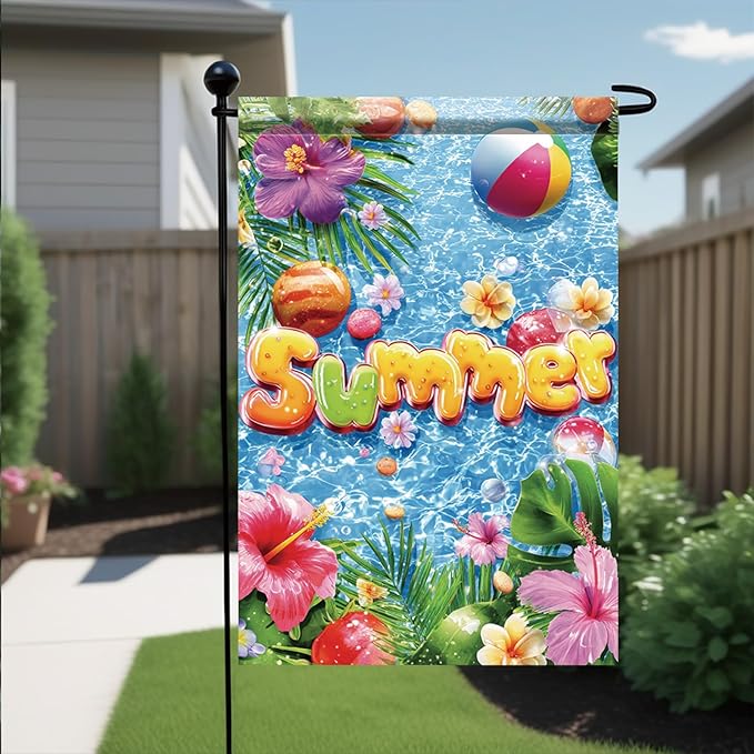 Summer Garden Flag 12x18 Inch Colorful Summer Pool Tropical Flowers Beach Ball Water Design Outdoor Yard Porch Lawn Patio for Seasonal Coastal Home Decor