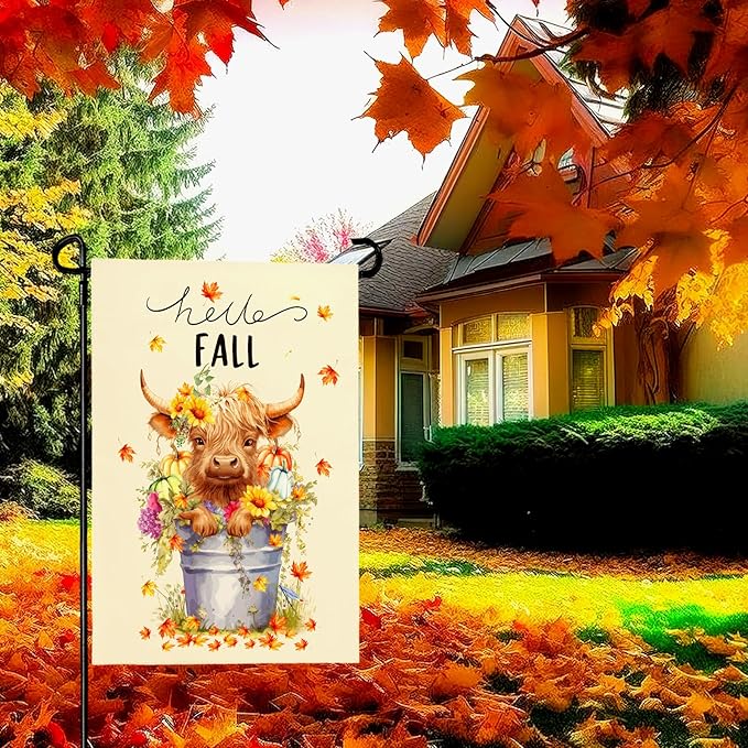 Hello Fall Garden Flag Highland Cow Polyester Yard Flag Double Sided Vertical 12x18 Inch Farmhouse Pumpkin Sunflower Floral Garden Flags Autumn Maple Leaf House Banner for Seasonal Outdoor