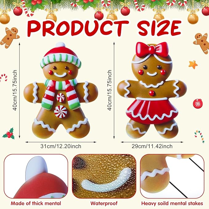 2 Pack Christmas Yard Stakes Metal Stakes 3D Boy and Girl Yard Sign Christmas Outdoor Decorations for Outside Holiday Xmas Winter Ornament Lawn Pathway (Classic Gingerbread Man Couple)