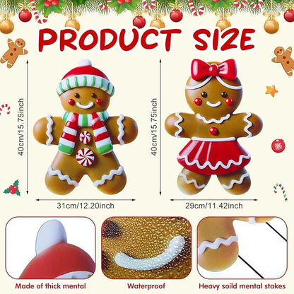 2 Pack Christmas Yard Stakes Metal Stakes 3D Boy and Girl Yard Sign Christmas Outdoor Decorations for Outside Holiday Xmas Winter Ornament Lawn Pathway (Classic Gingerbread Man Couple)