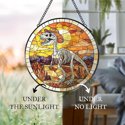 Western Dinosaur Stained Glass Window Hanging Suncatcher, Prehistoric Dino Fossils Sun Catcher Indoor Window Decor, Dinosaur Skeleton Painted Glass Wall Hanging Decorations, 7.8x7.8 in