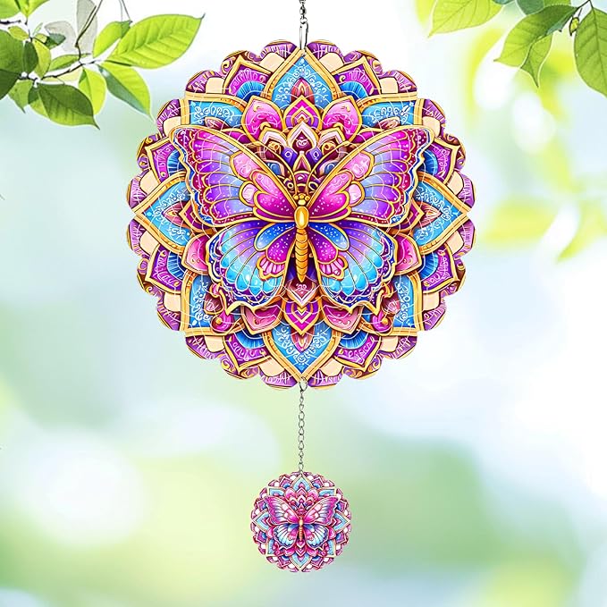 Wind Spinners Outdoor Butterfly, 12 inch Laser Cut Metal Art Geometric Pattern Wind Spinners Craft Decor Birthday Gifts for Women and Mom - Hanging Kinetic for Yard, Garden, Patio, Outdoor