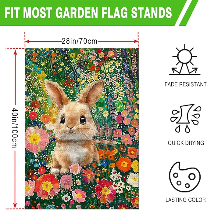Easter Bunny House Flag 28x40 Double Sided, Colorful Floral Flowers Burlap Large Garden Yard Flag for Farmhouse Holiday Outside Spring Summer Decoration