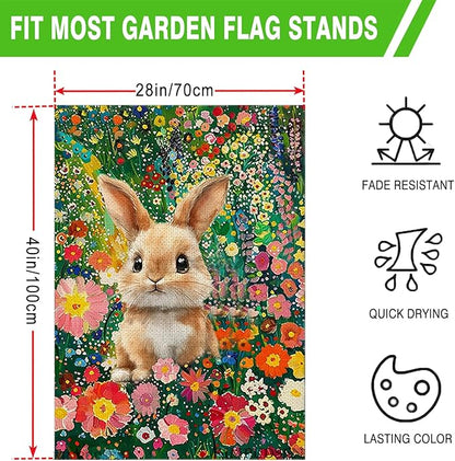 Easter Bunny House Flag 28x40 Double Sided, Colorful Floral Flowers Burlap Large Garden Yard Flag for Farmhouse Holiday Outside Spring Summer Decoration