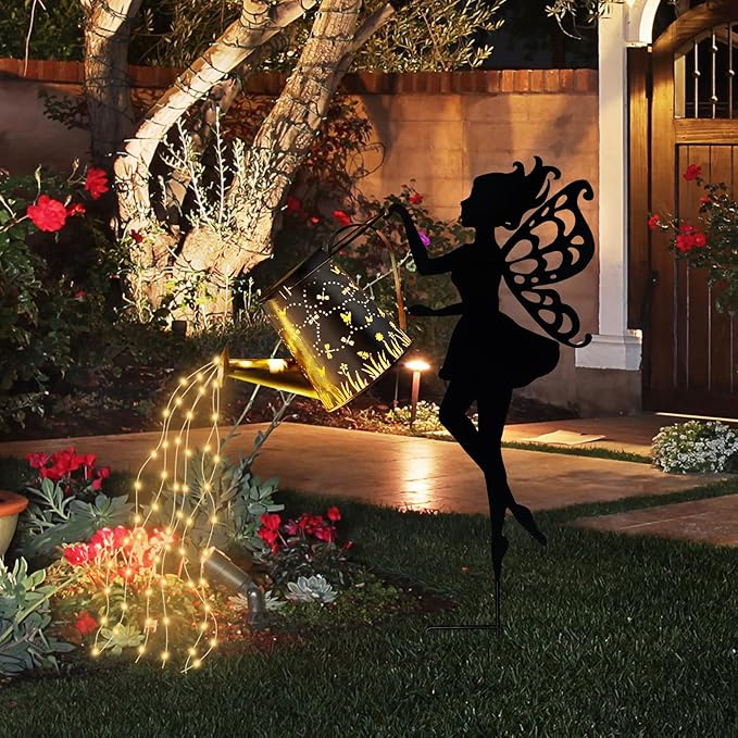 Ouddy Decor Fairy Garden Decor with Solar Watering Can, Metal Fairy Garden Statues with Hanging Lanterns Waterfall Lights Silhouette Waterproof for Lawn Pathway Gardening Gifts