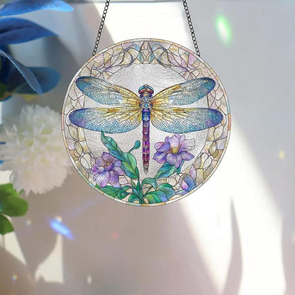 Bimkole Dragonfly Stained Glass Suncatcher Window Hanging - Flower Indoor Window or Doorway Decoration - Handmade Sun Catcher Decor for Garden Home Christmas & Birthday Gifts 7.87x7.87 inch