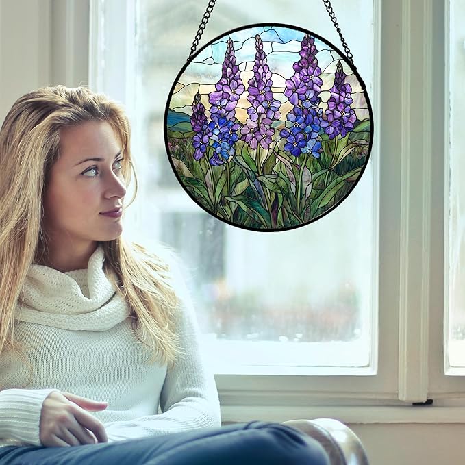 Stained Glass Window Hanging - Purple Delphinium Birth Flower Suncatcher for Door Garden Patio Sun Catchers Decor Christmas Mother's Day Birthday Gifts for Women Mom Nana Friend 15 in