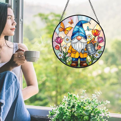 Gnome Stained Glass Suncather for Window Hanging with Flowers & Butterflies, 6.3'' Garden Gnome Gift for Women, Whimsical Wall Art Home Decor Gift for Mom, Grandma (Colorful Garden, 6.3'')