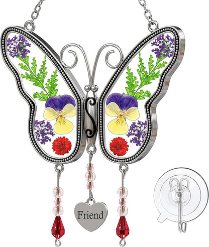 Friends Gifts for Birthdays Butterfly Suncatcher Stained Glass Wind Chime with Pressed Flower Wings Embedded in Glass with Metal Trim Friend Heart Charms Sun Catchers