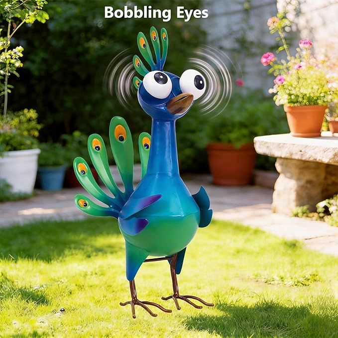 Ratuor Metal Peacock Statue Garden Decor Cartoon Peacock with Bobbling Eyes Yard Art Lawn Patio Decoration Outdoor Sculpture for Housewarming Birthday Wedding