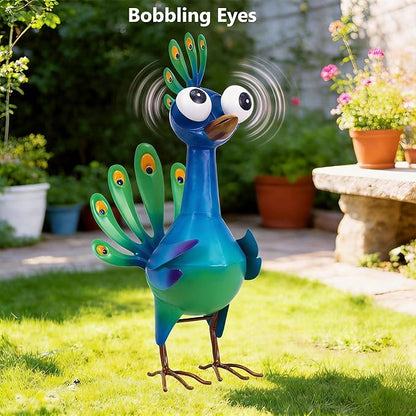 Ratuor Metal Peacock Statue Garden Decor Cartoon Peacock with Bobbling Eyes Yard Art Lawn Patio Decoration Outdoor Sculpture for Housewarming Birthday Wedding