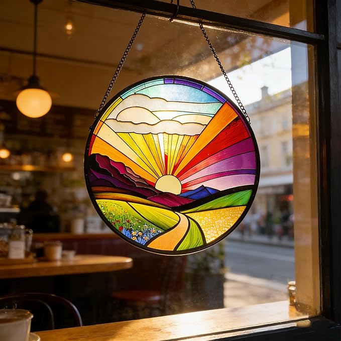 Stained Glass Window Hanging, 9.8 Inch Vibrant Sunrise Landscape Suncatcher Decor Colorful Pastoral Sun Catcher for Windows Home, Garden, Porch Decor
