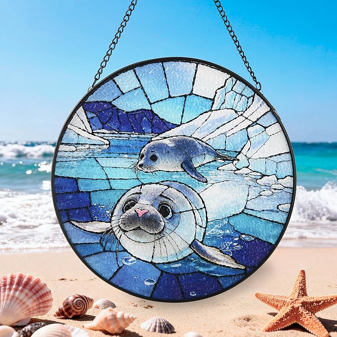 Stained Glass Window Hanging, Seal Circular Painted Glass Suncatcher with Chain & Suction Cup for Home Garden Door Decor, Birthday for Women Men Mom 7.8 in