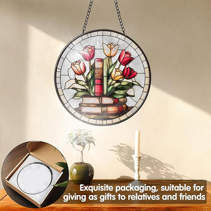VAIIEYO Book Sun Catcher Stained Glass Window Hanging Ornament, Handmade Sun Catcher Rose Decoration with Hooks for Window Garden Home, Christmas & Birthday Housewarming 7.8 inch