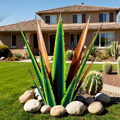 KODIBO 24” Large Metal Agave Plants Outdoor Decor, Vintage Green Tequila Rustic Sculpture Outdoor Statues, Agave Metal Plants for Yard Garden Lawn Ornaments，Artisan Metal Agave Landscape Decor